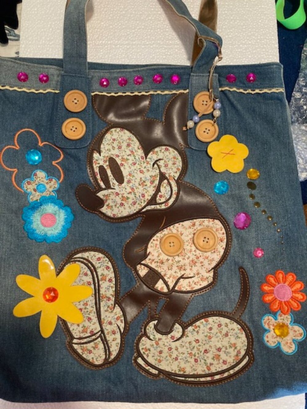 Vintage Disney World Parks denim Mickey Mouse Embroidered tote bag w wallet
